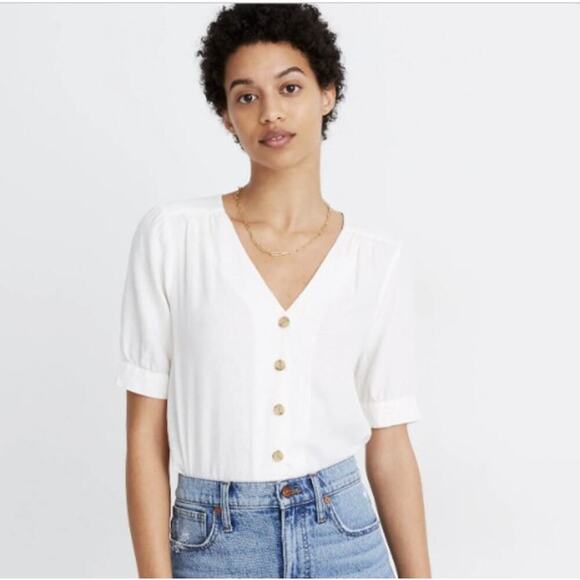 Madewell Tops - Madewell Linen Blend Puff Sleeve Top Womens Small White Buttons